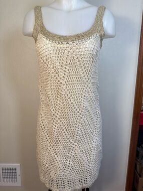 Boston Proper Dress 6 Crochet Cotton Lined Boho Beach Ivory Cream White Gold EUC